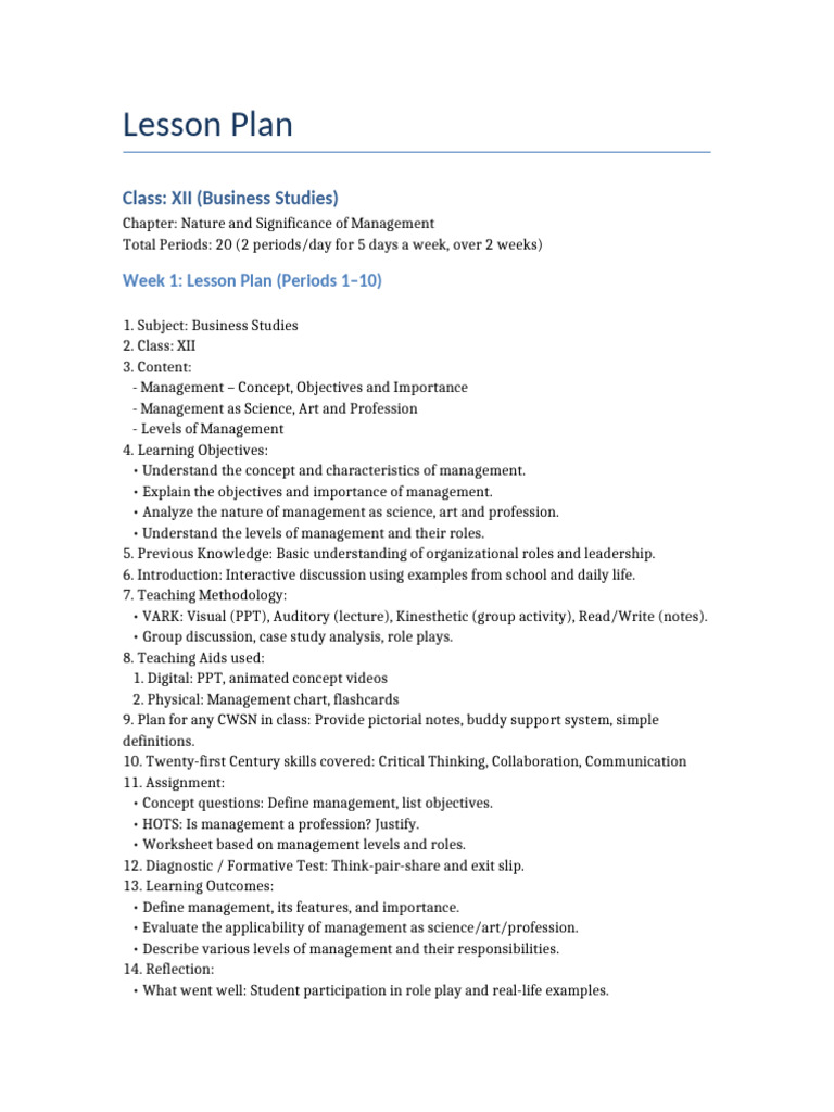 Class 12 Business Studies Lesson Plan | PDF | Lesson Plan | Human ...