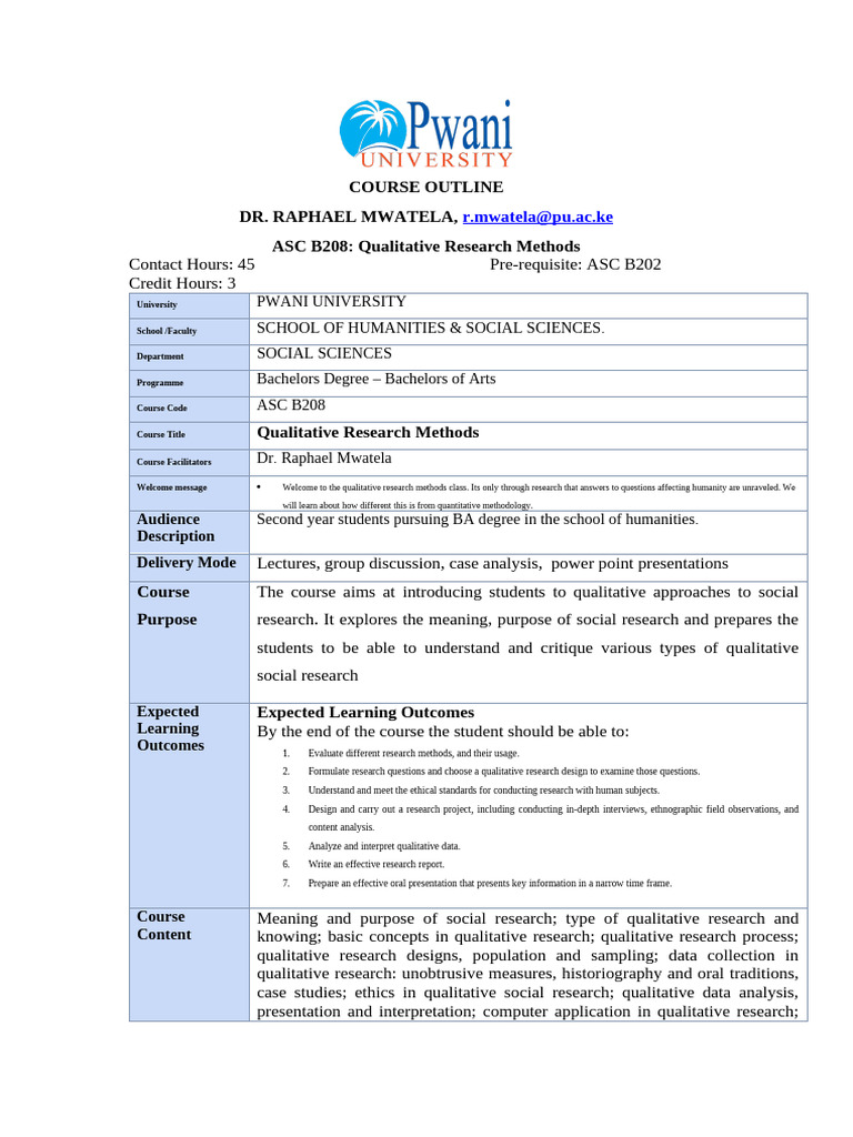 Qualitative Research Methods Course Outline | PDF | Methodology ...