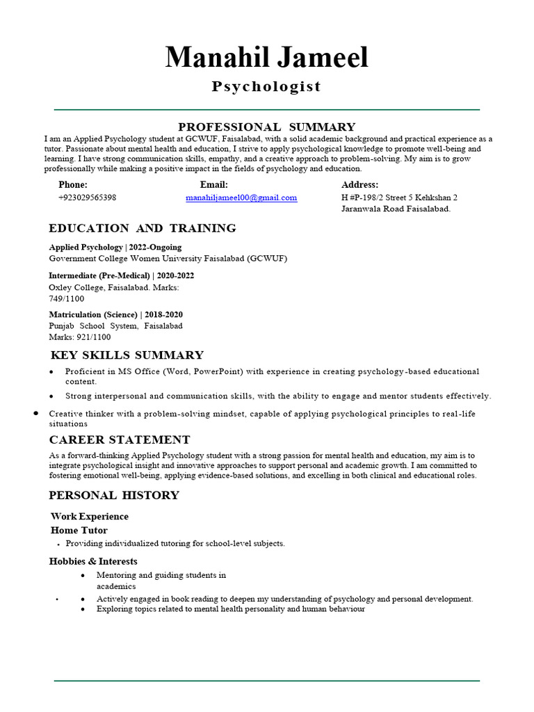 Manahil Jameel: Aspiring Psychologist | PDF | Psychology | Applied ...