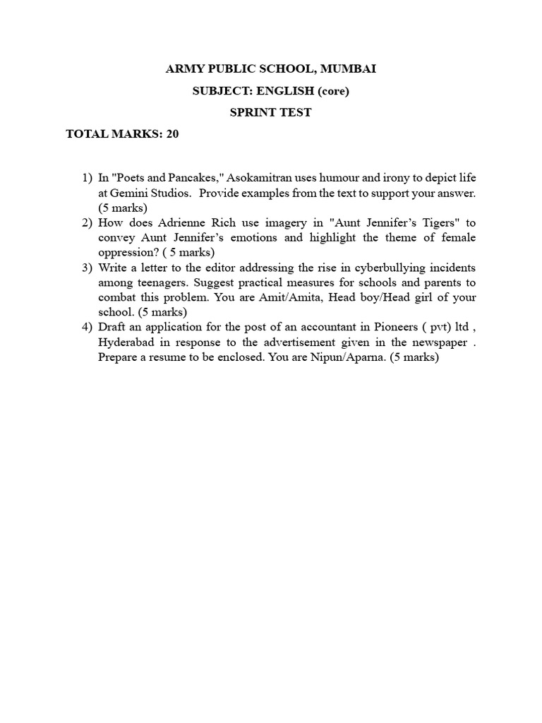 English Sprint Test for Army Public School | PDF