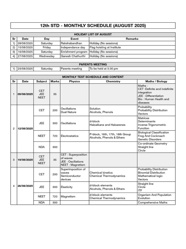 12th STD August 2025 Schedule & Holidays | PDF | Mathematics ...