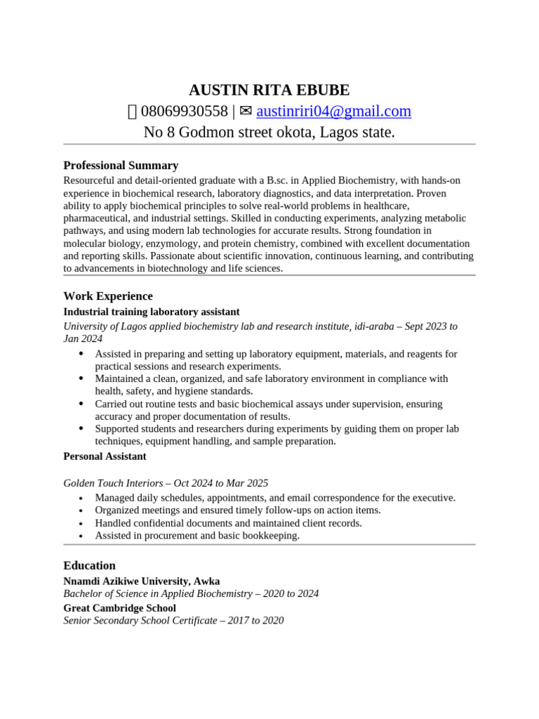 Applied Biochemistry Graduate CV | PDF | Laboratories | Biochemistry