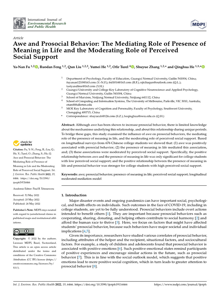 Awe's Impact on Prosocial Behavior | PDF | Social Support | Emotions