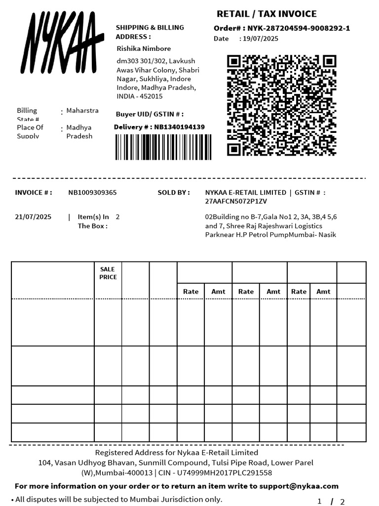 Nykaa E-Retail Limited Invoice Details | PDF | Payments | Government ...