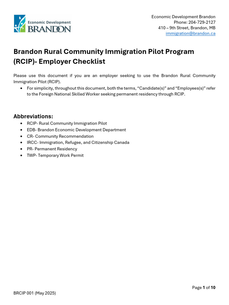 Brandon RCIP Employer Checklist | PDF | Employment | Recruitment
