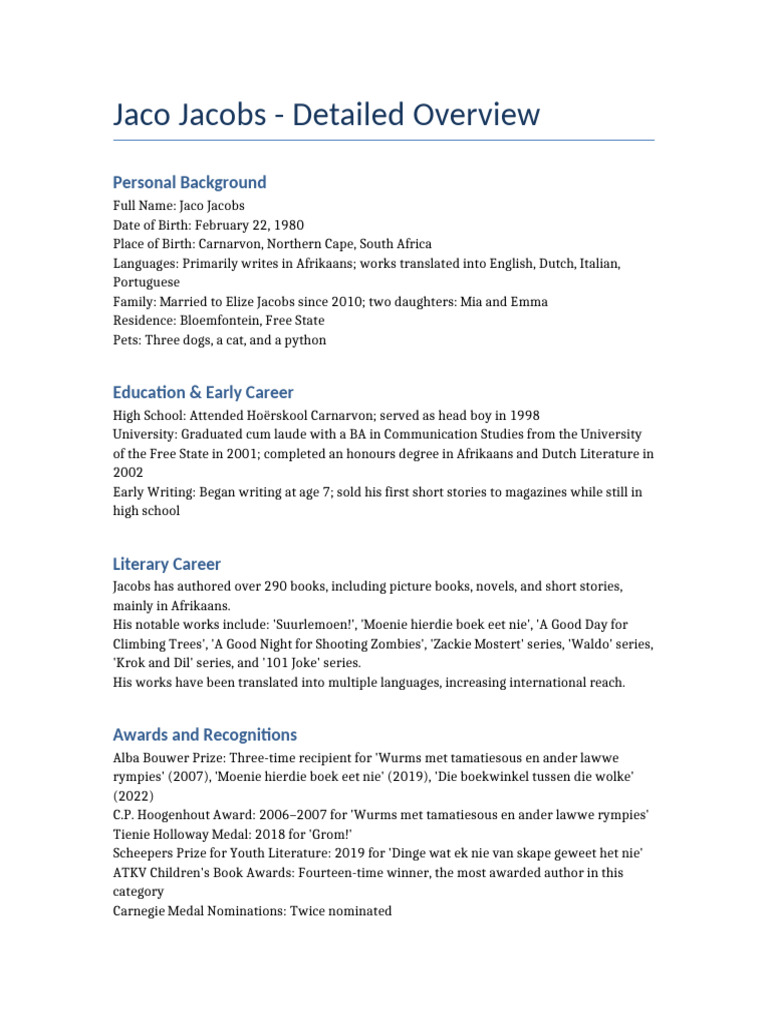 Jaco Jacobs Biography And Background Pdf