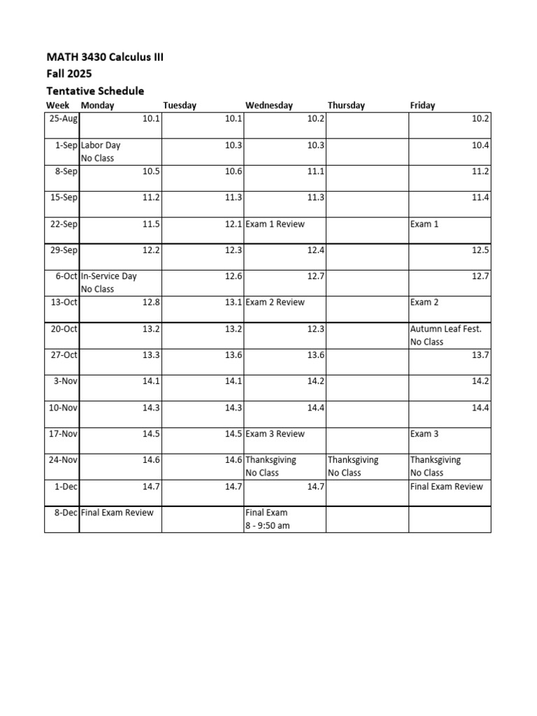 MATH 3430 Calculus III Fall 2025 Schedule | PDF