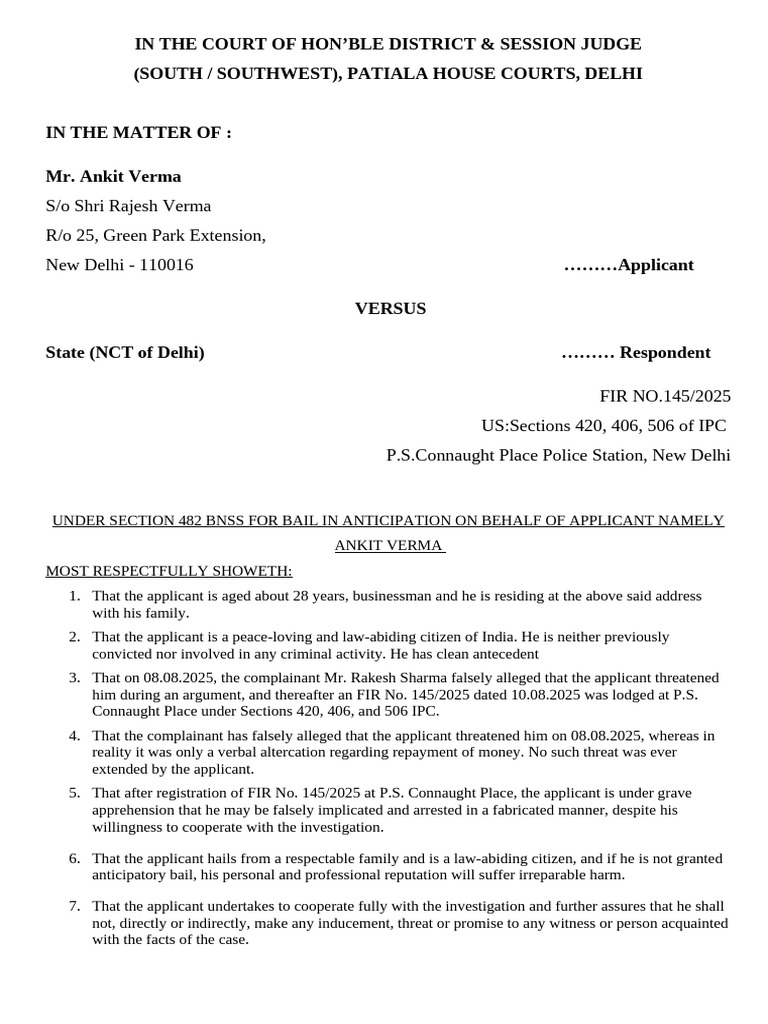 Anticipatory Bail Application under S. 482 BNSS | PDF | Crimes | Crime ...