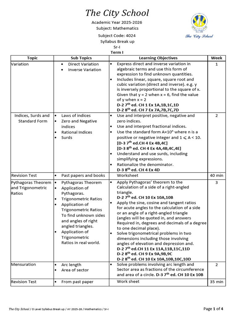 O Level Mathematics Syllabus 2025-26 | PDF | Square Root | Numbers