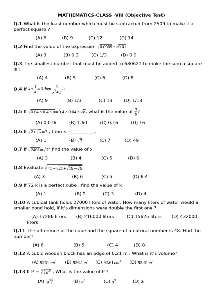 Class-VI Objective Test 15th July | PDF | Litre | Arithmetic