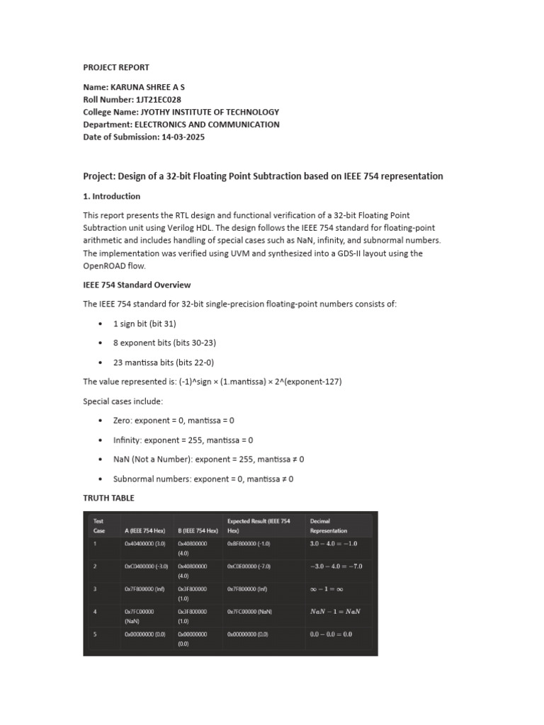 32-bit Floating Point Subtractor Design | PDF | Computing | Computer ...