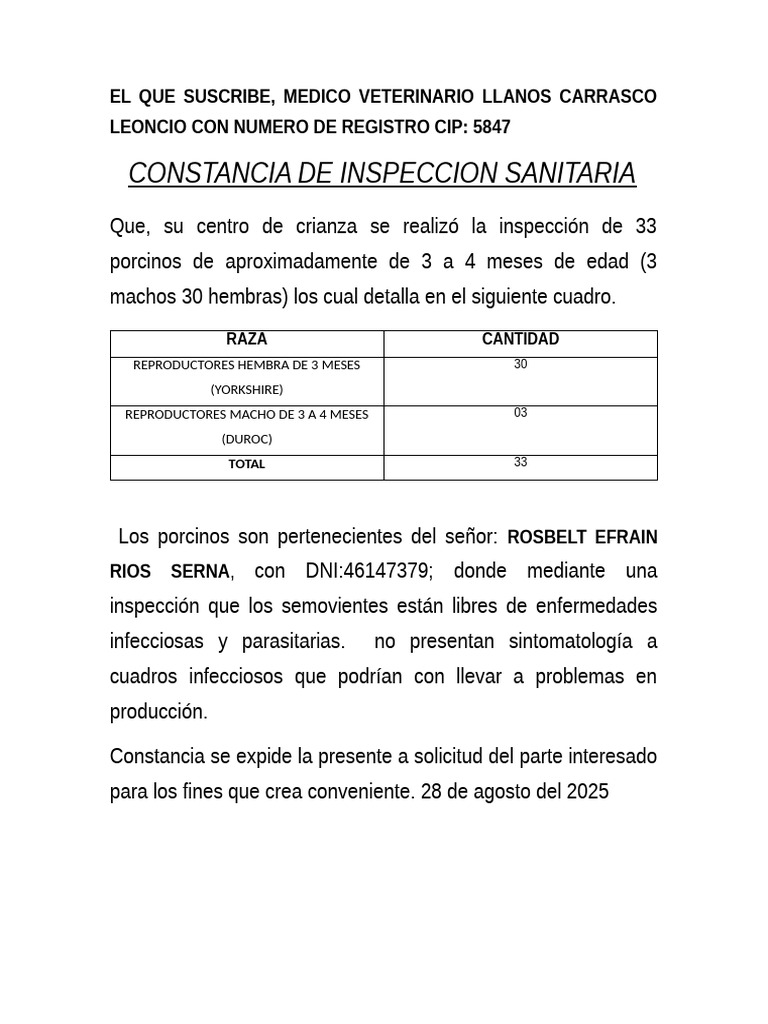 Certificados Constancia Tipo de Crianza Rios Cerdos Carhuaz | PDF ...