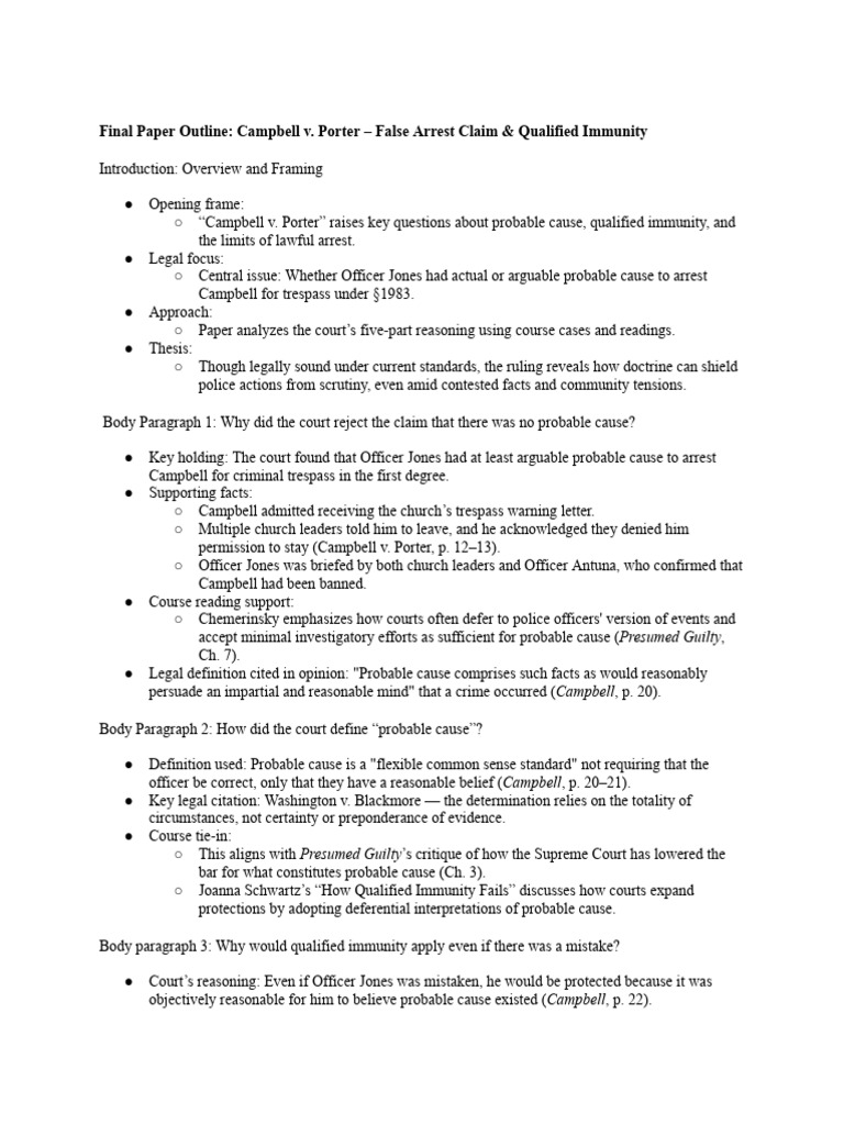 EP&E 371 - Final Paper Outline | PDF | Qualified Immunity | Probable Cause