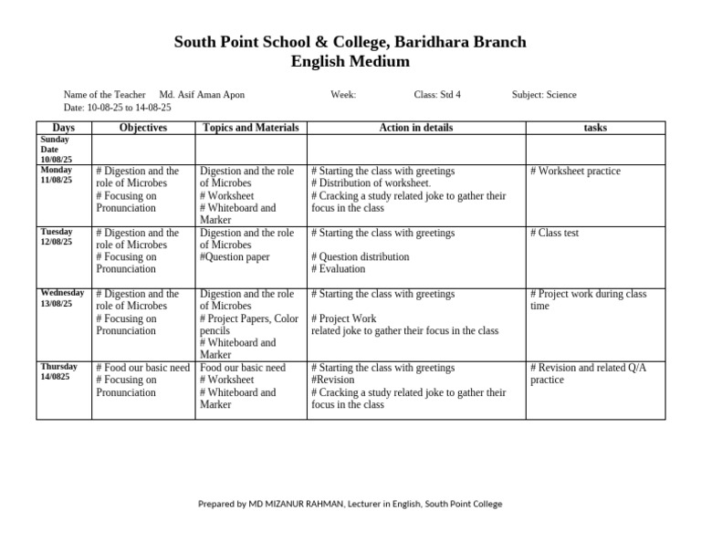 Std 4 Science Lesson Plan: Digestion | PDF