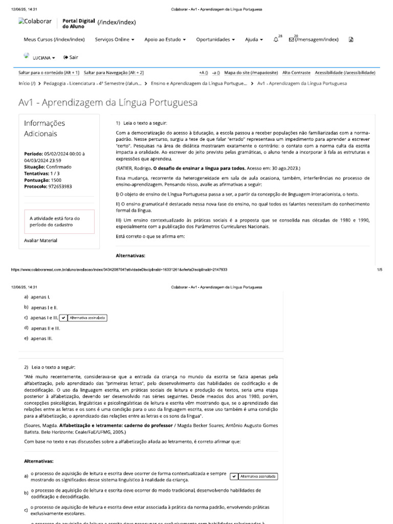 Av1 - Aprendizagem Da Língua Portuguesa | PDF
