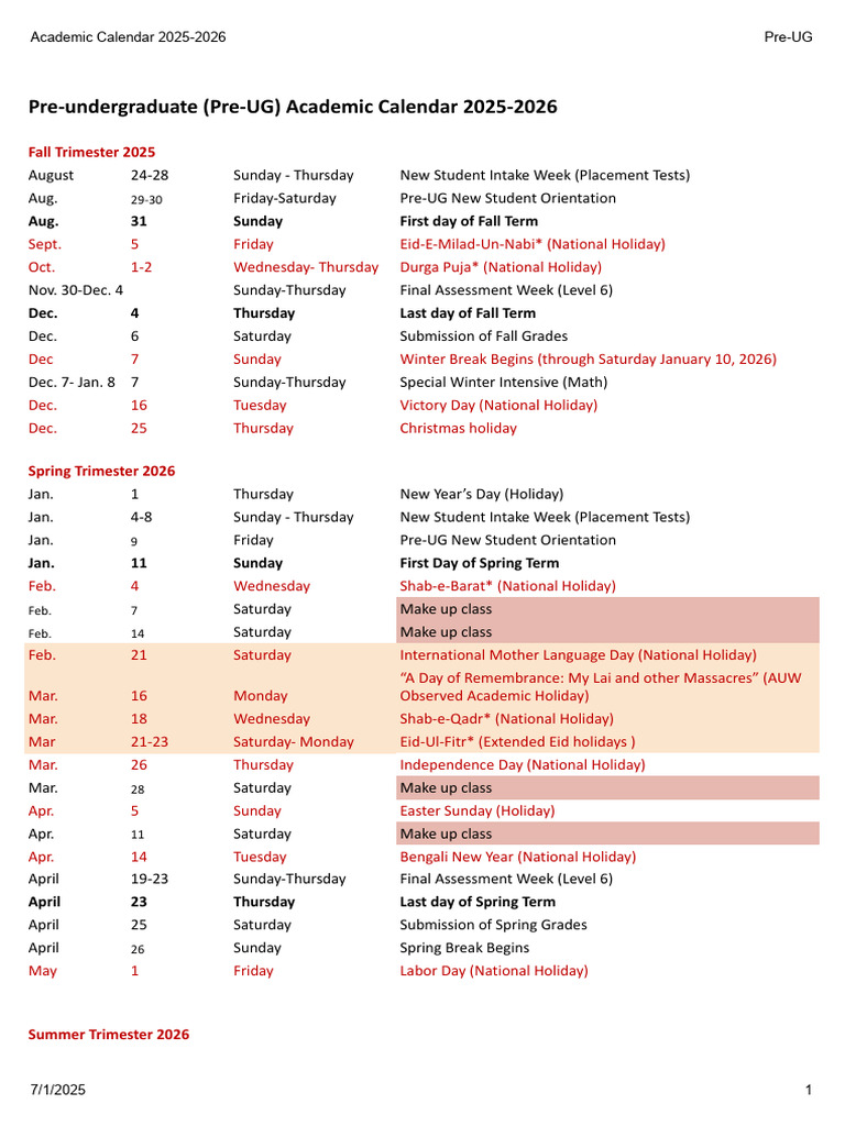 AUW Academic Calendar 2025-2026 | PDF | Academic Term | Observances