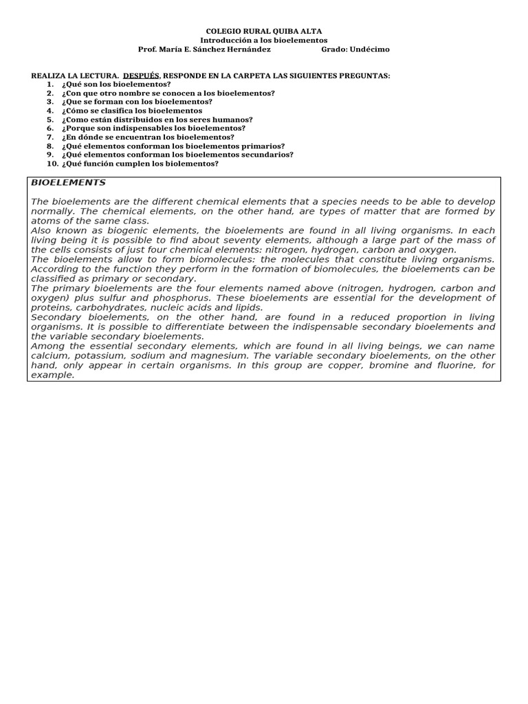 Introducción a los Bioelementos | PDF
