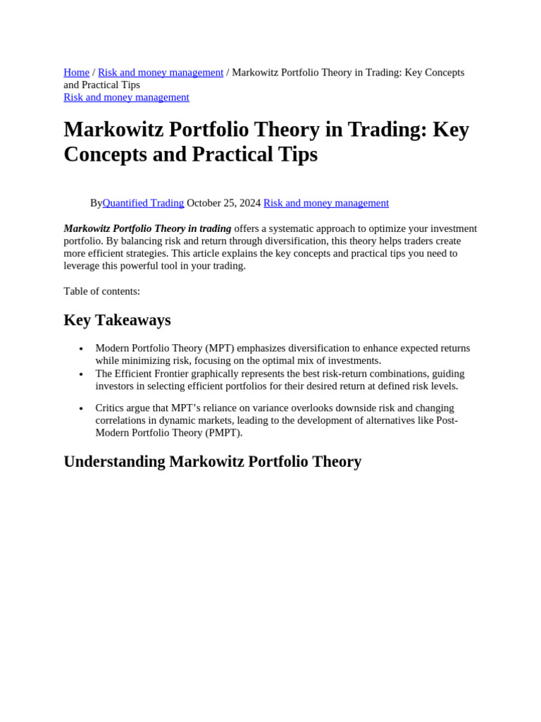 Markowitz Portfolio Theory in Trading Key Concepts and Practical Tips ...