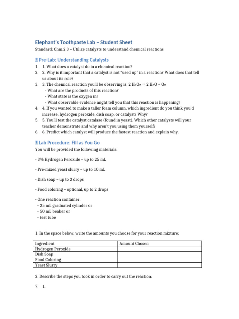 Elephant Toothpaste Lab Report | PDF | Catalysis | Chemical Process ...