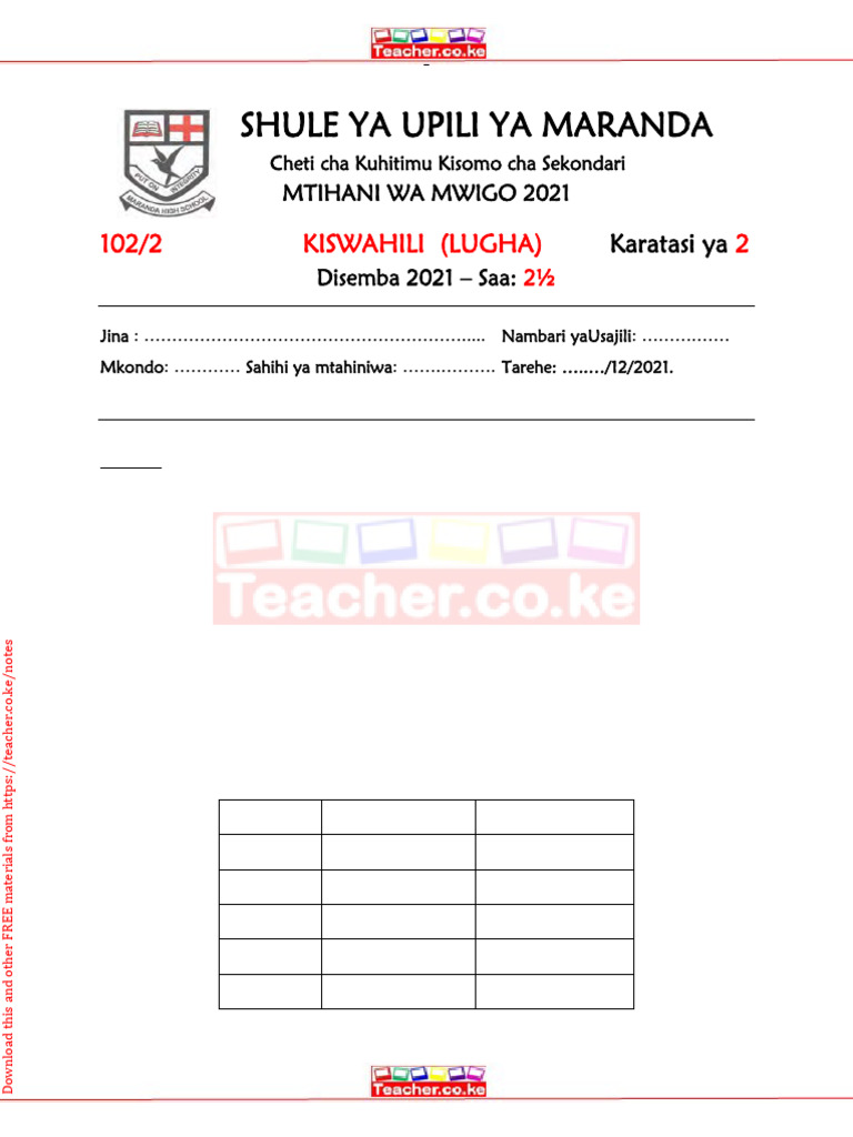 2022 Maranda Mock 102 KISWAHILI P2 QS Teacher - Co .Ke | PDF