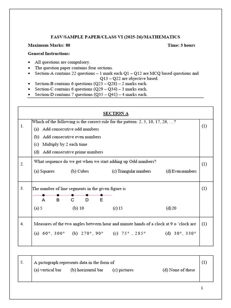 Class VI Mathematics Sample Paper 2025-26 | PDF | Numbers | Triangle
