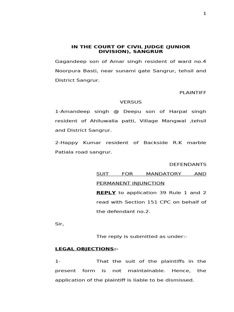 Reply to Injunction Suit in Sangrur | PDF | Cheque | Common Law