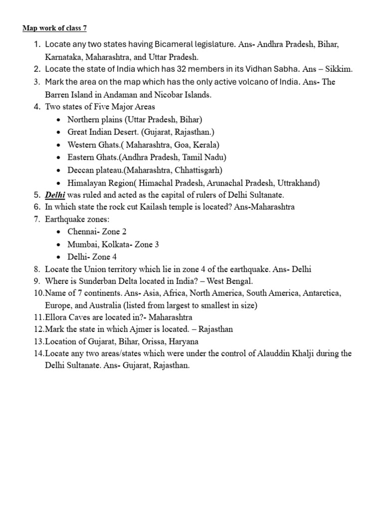 Class 7 Map Work: Indian States & Features | PDF