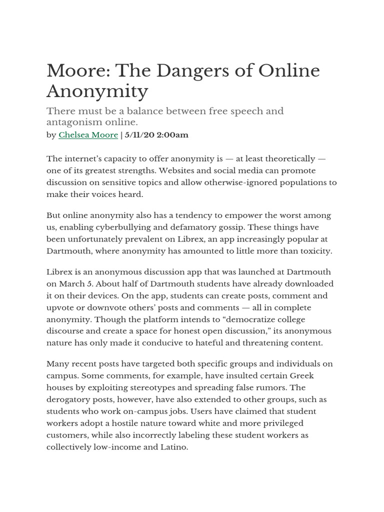 The Dangers of Online Anonymity PDF Anonymity Cyberbullying