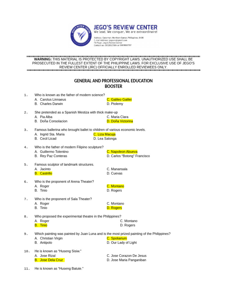 Philippine General Education Quiz Questions | PDF | Educational ...