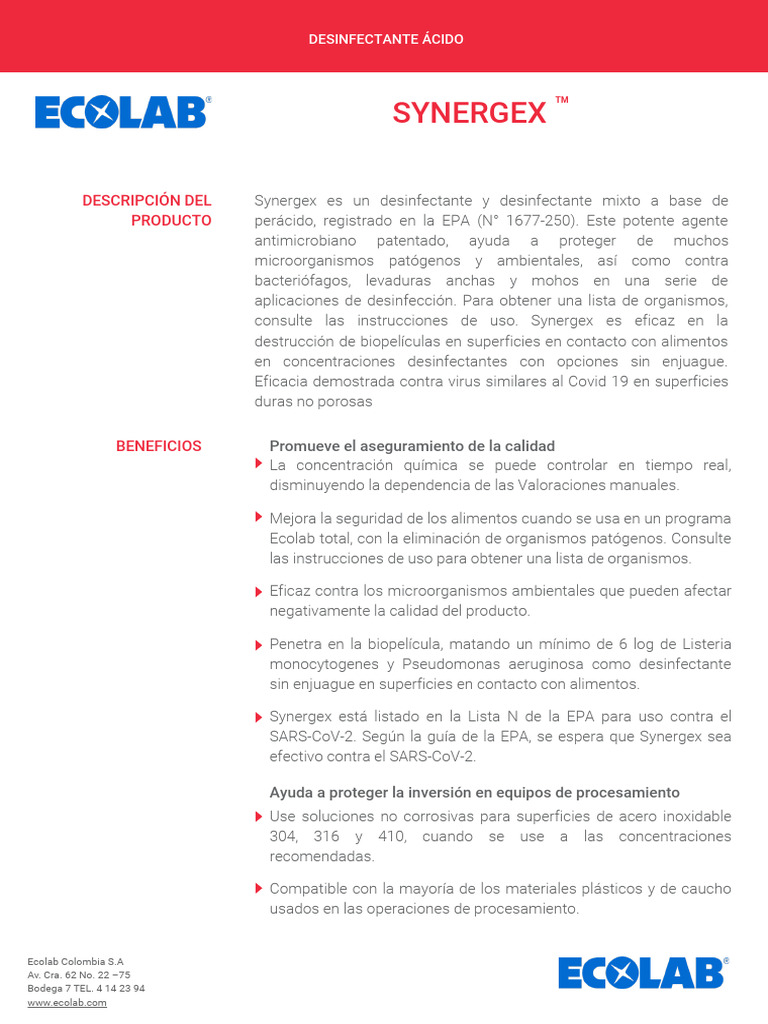 Synergex: Desinfectante Ecolab Eficaz | PDF | Agua | Antimicrobiano