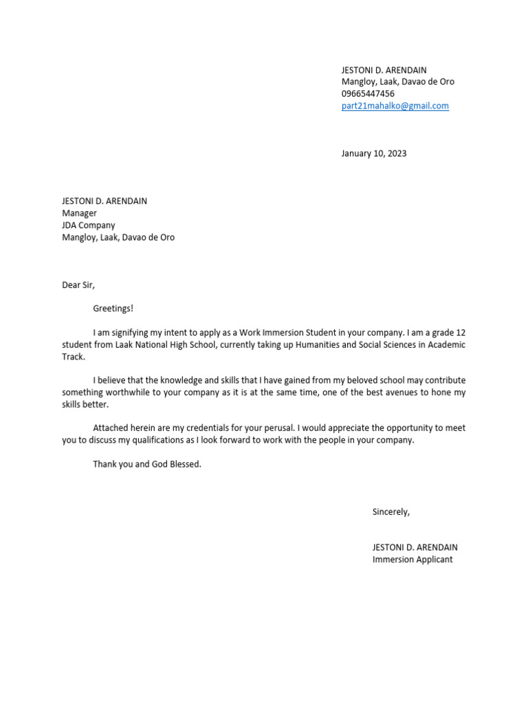 Work Immersion Application Letter | PDF