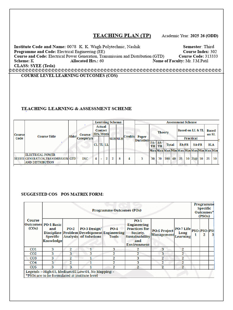 GTD Course Plan for EE 313333 | PDF | Electric Power Transmission ...