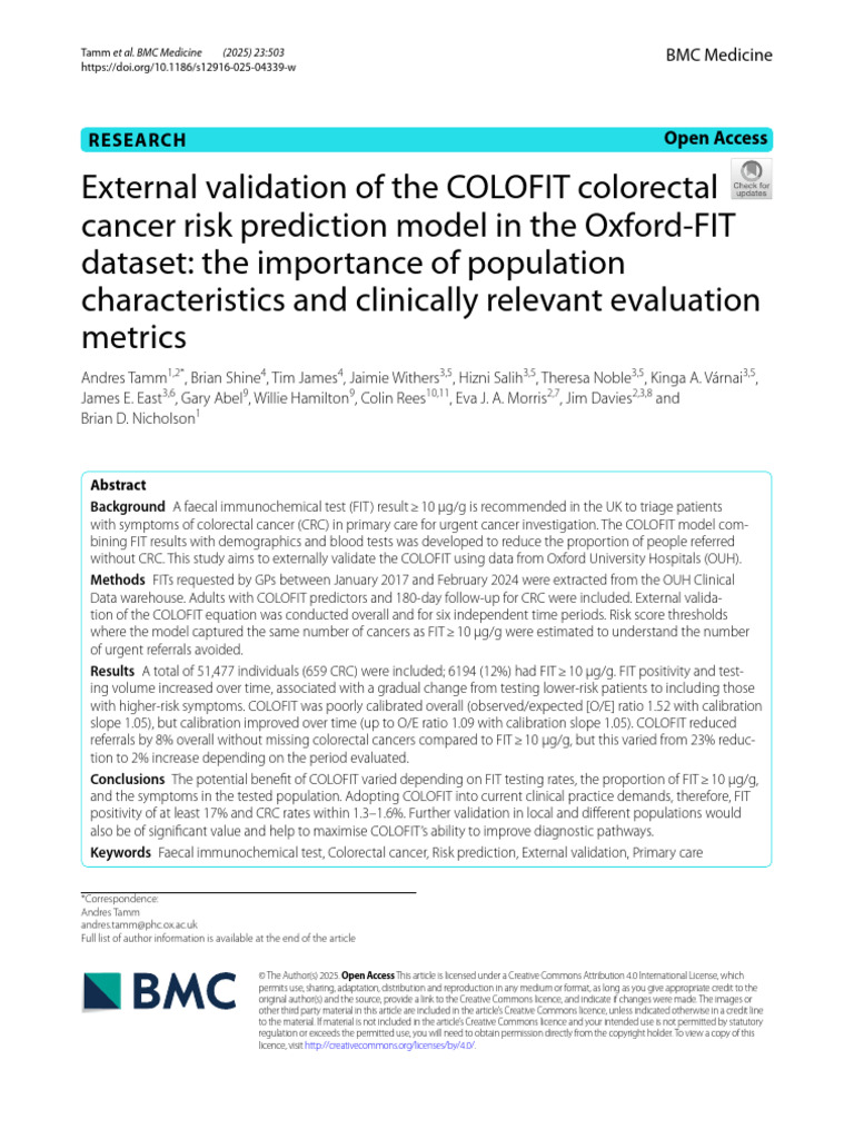 COLOFIT Model Validation in CRC Risk | PDF | Colorectal Cancer | Medicine