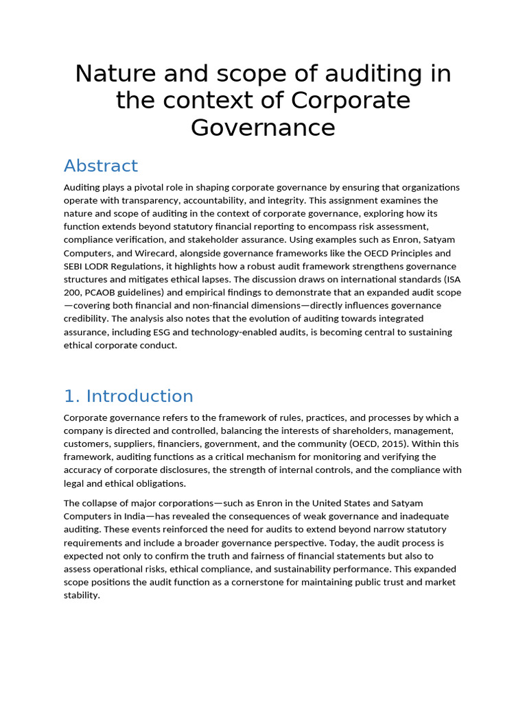 Fresh Look at Auditing S Role In Corporate Governance Pdf Audit