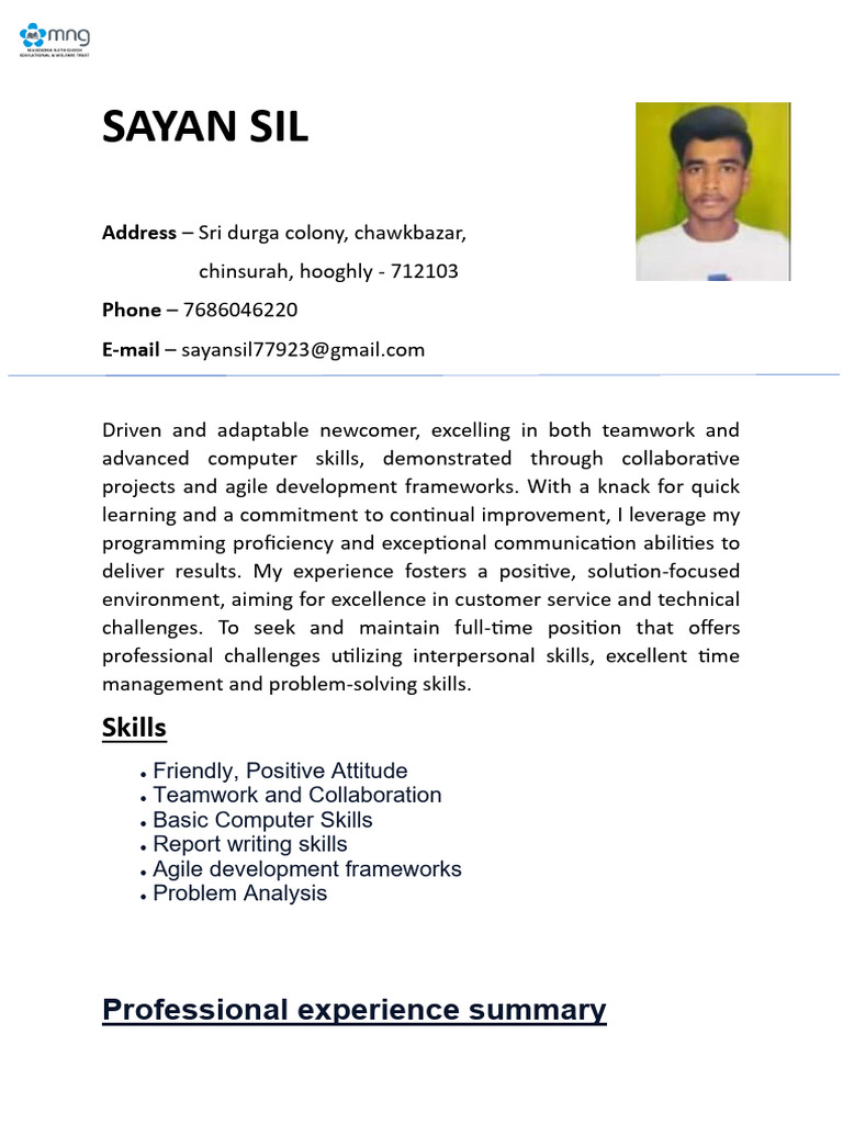 Sayan Sil: Aspiring Professional Profile | PDF