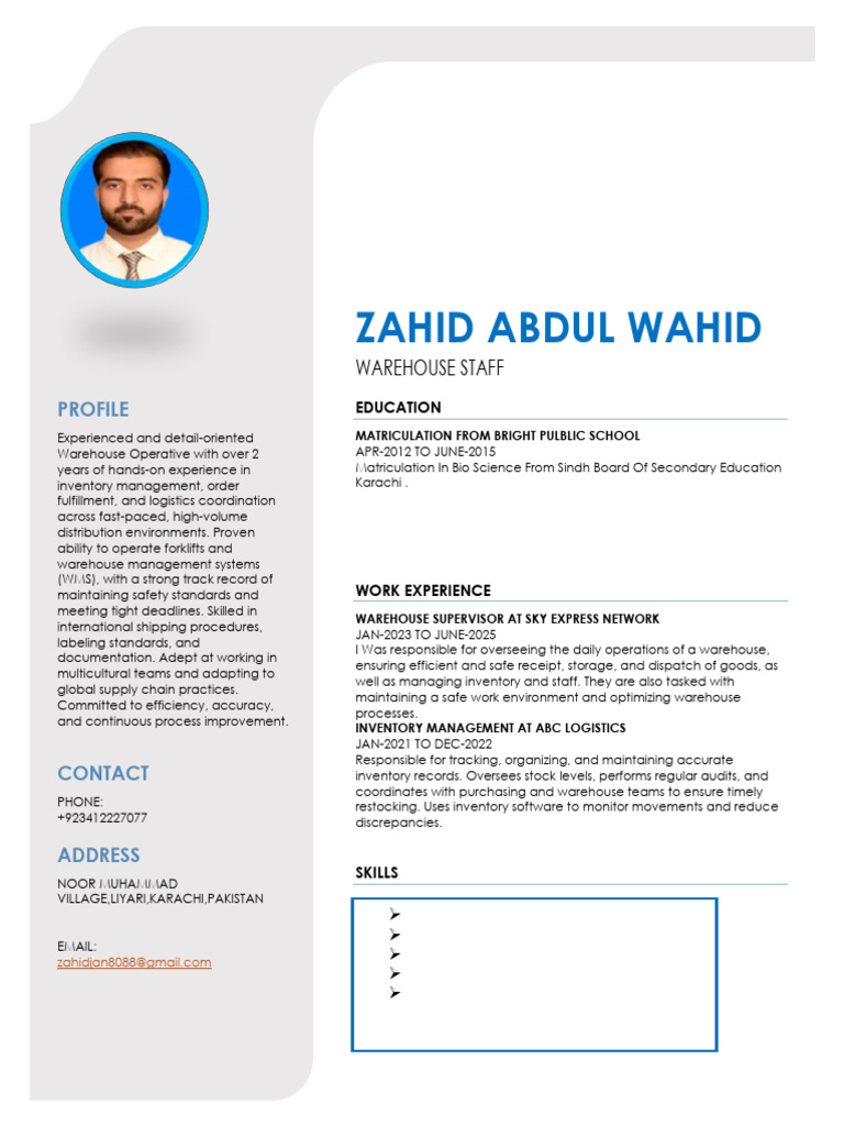 Zahid Abdul Wahid CV | PDF | Warehouse | Service Industries