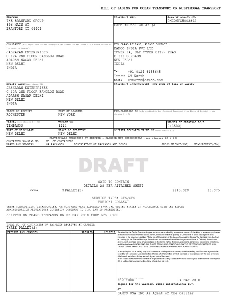 NYCH003842 Revised Draft | PDF | Bill Of Lading | Cargo