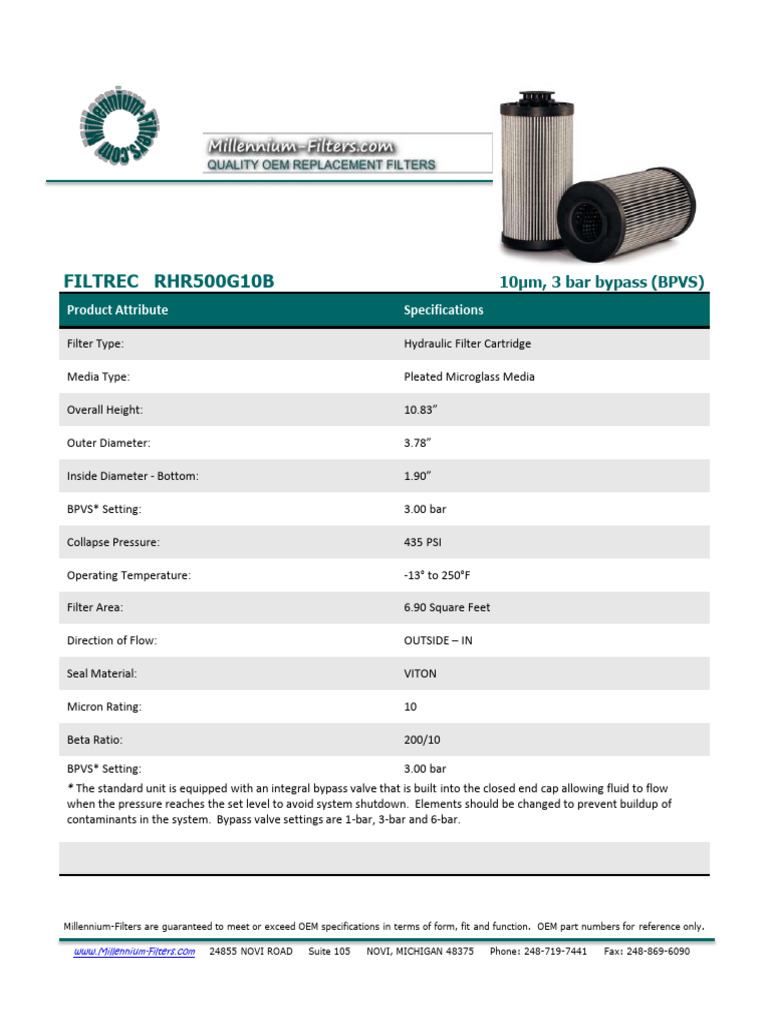 Hydraulic Filter Cartridge Specifications | PDF