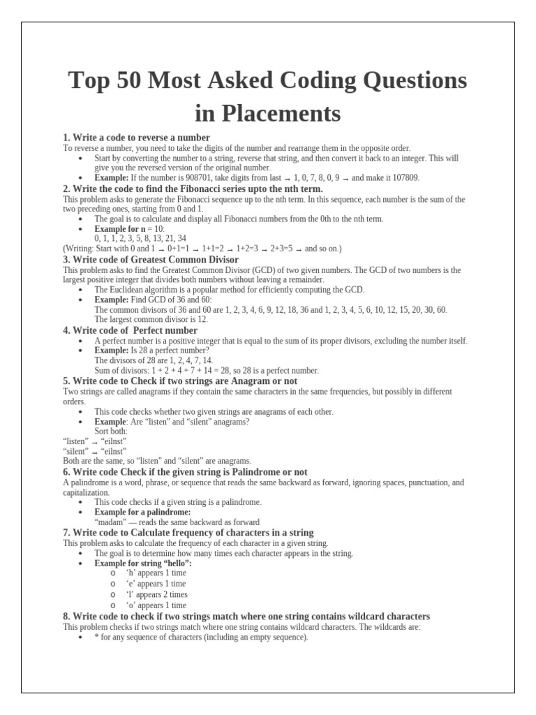 Top 50 Coding Questions for Interviews | PDF | Ascii | Matrix (Mathematics)