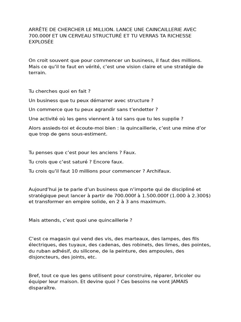 Ouvrir une quincaillerie avec 700.000f | PDF