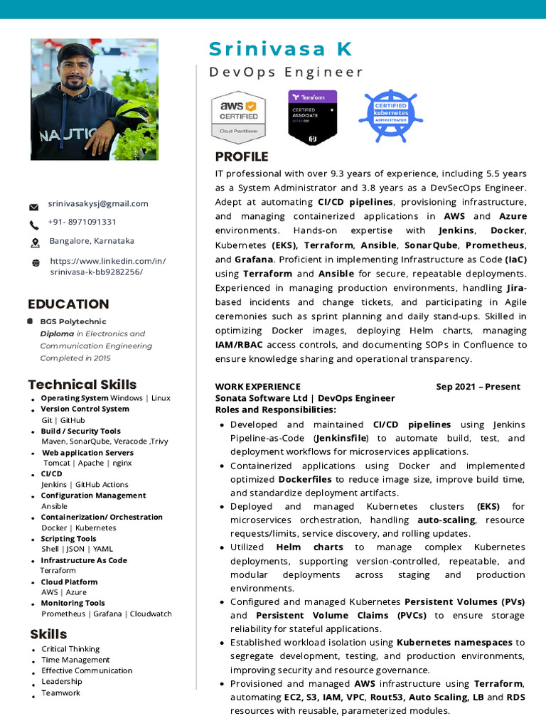 Srinivasa K DevOps Engineer PDF | PDF | Information Technology ...
