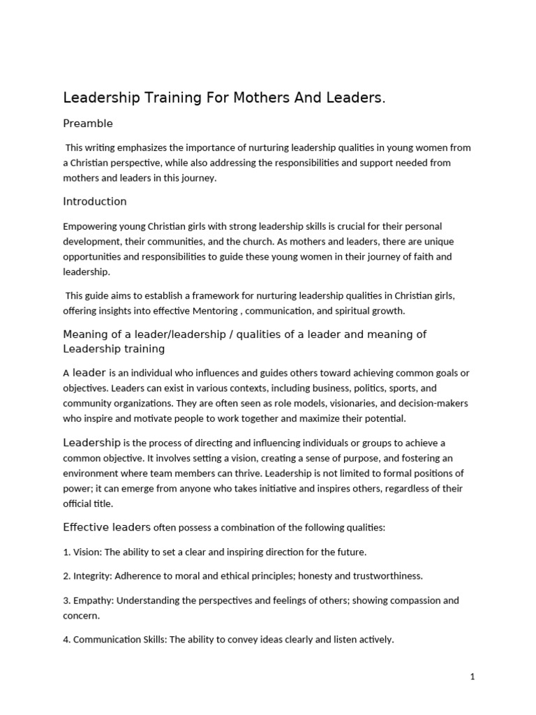 Leadership Training For Mothers And Leaders2025 Pdf Leadership Love 