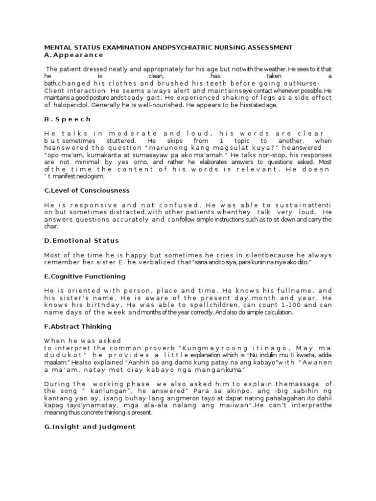 Mental Status Exam | PDF | Neuropsychological Assessment | Cognitive ...