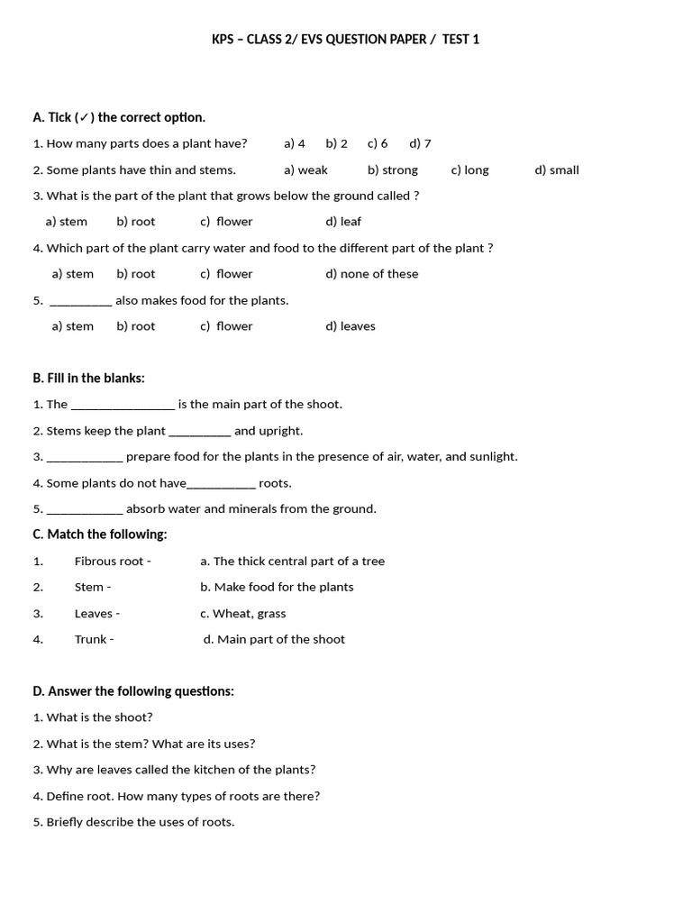 KPS Class 2 EVS Test 1 Questions | PDF