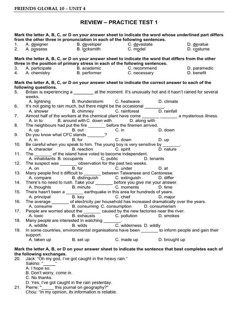 Friends Global 10 Unit 4 Practice Test | PDF | Amazon Rainforest ...