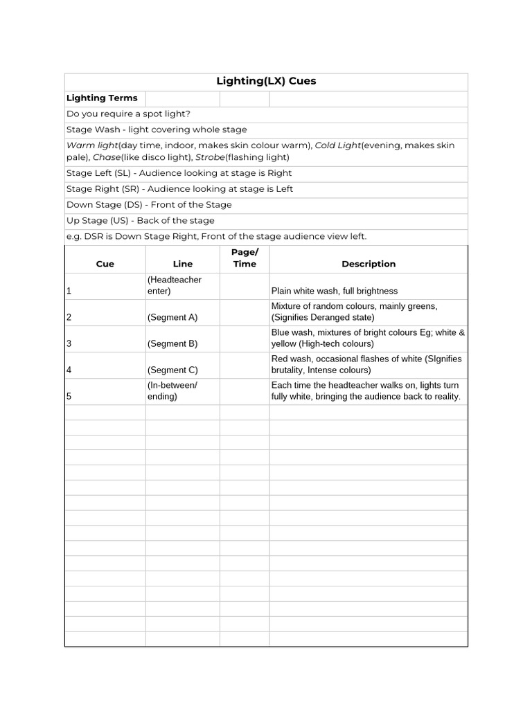 Lighting Cue Sheet for Performance | PDF