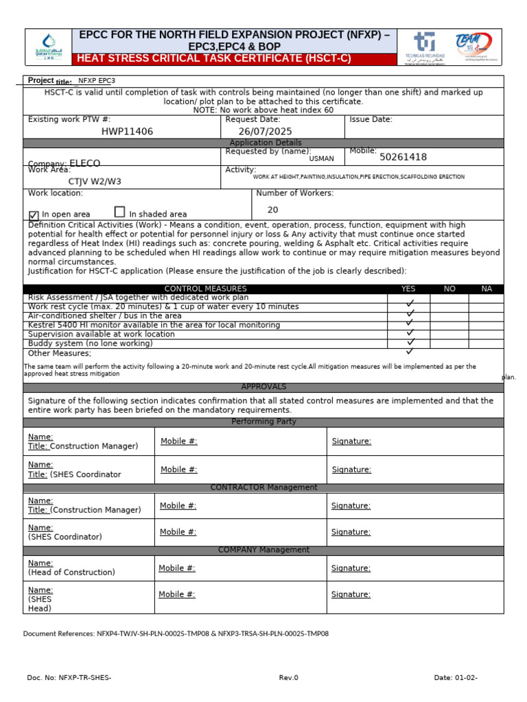 278 Heat Stress Critical Task Certificate Rev 04 Ctjv 1 | PDF
