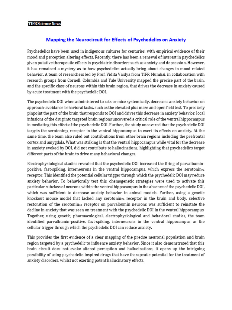 Mapping The Neurocircuit For Effects of Psychedelics On Anxiety | PDF ...