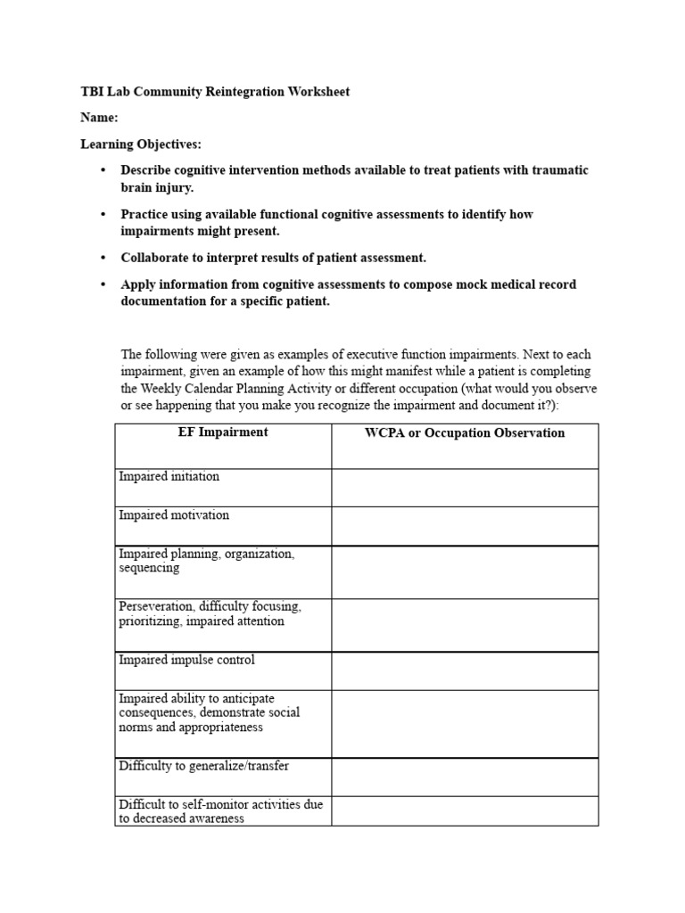 OT 722 2023 TBI Lab Worksheet 2 | PDF | Traumatic Brain Injury ...