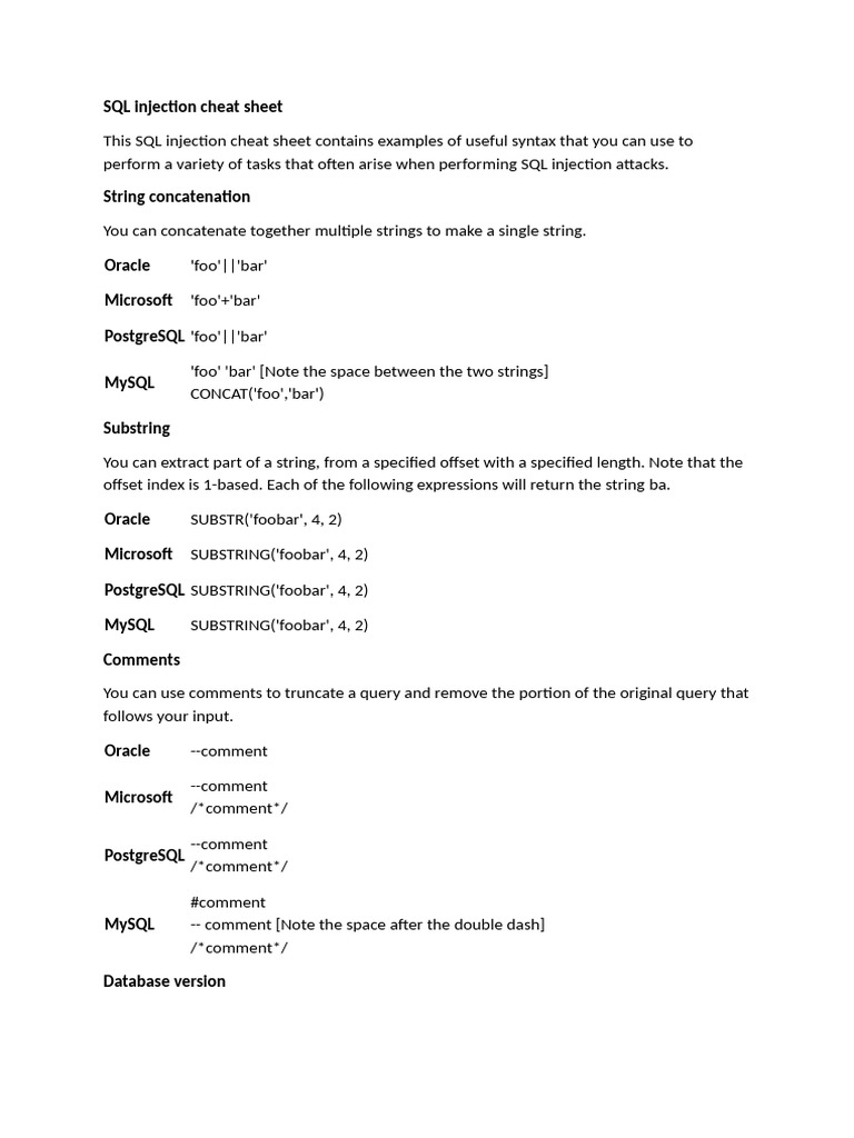 SQL Injection Techniques Cheat Sheet | PDF | Postgre Sql | My Sql